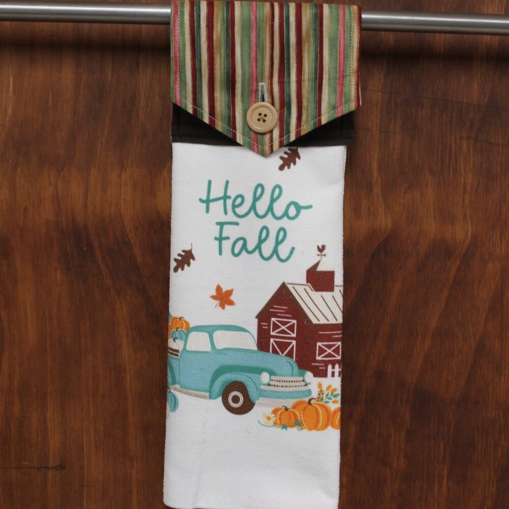 HELLO FALL HAND TOWEL VINTAGE TRUCK BARN AUTUMN HANDMADE HANGING KITCHEN